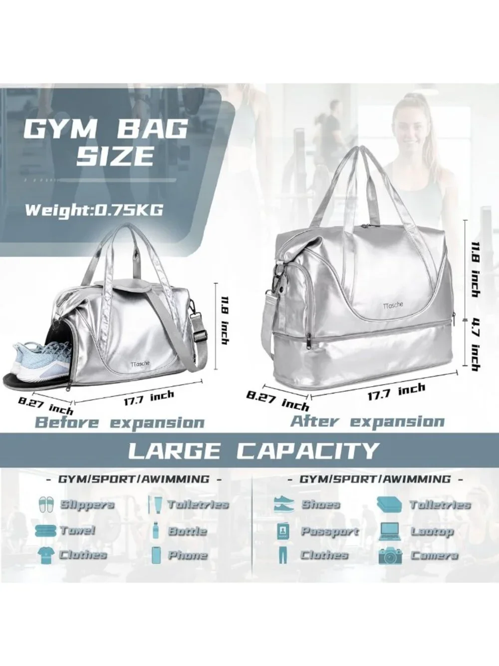 Expandable Travel Gym Duffel Bag with Shoe Compartment for Women & Men